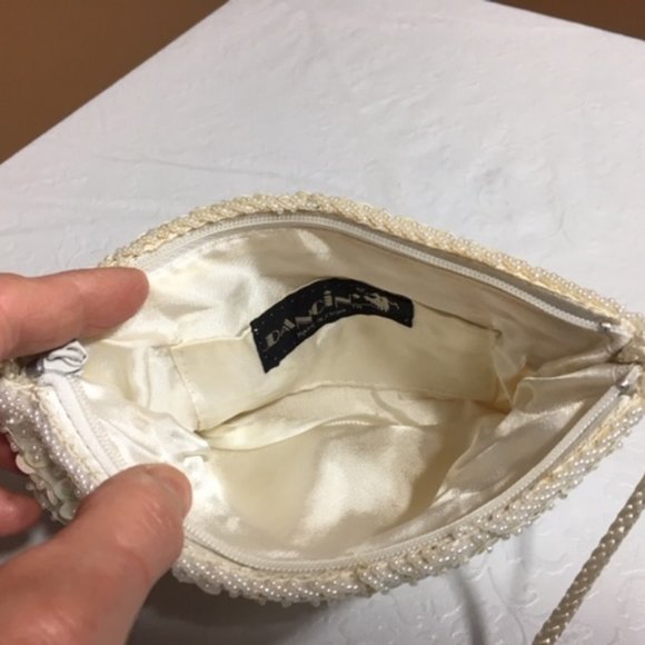 White Sequined/Beaded Corded Strap Crossbody Bag 7.5"x4.5" - Picture 4 of 5